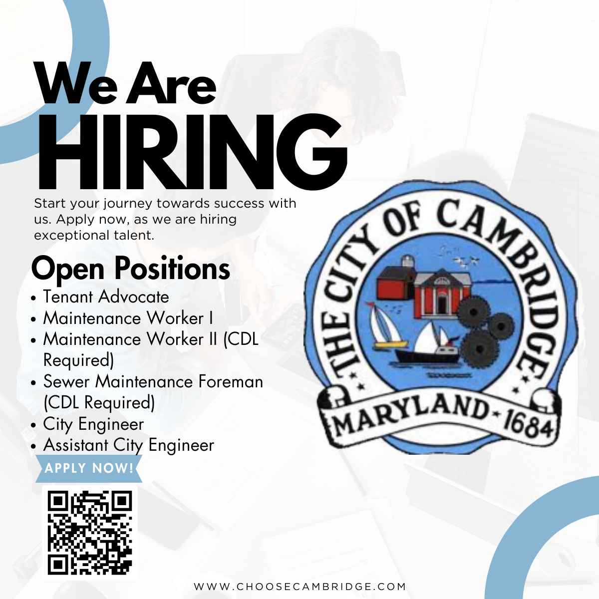 This image lists the currently available open positions with the city of Cambridge