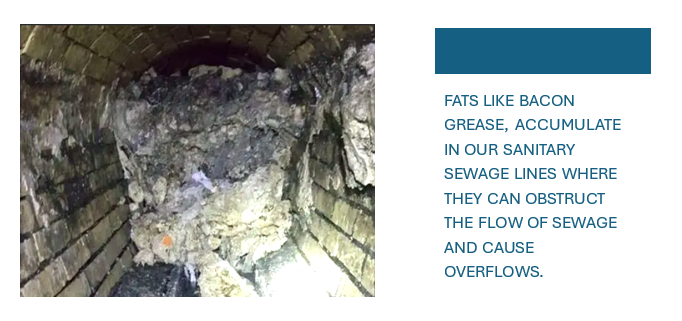 Picture of a clogged drain with text saying it was clogged by grease being poured in the drain