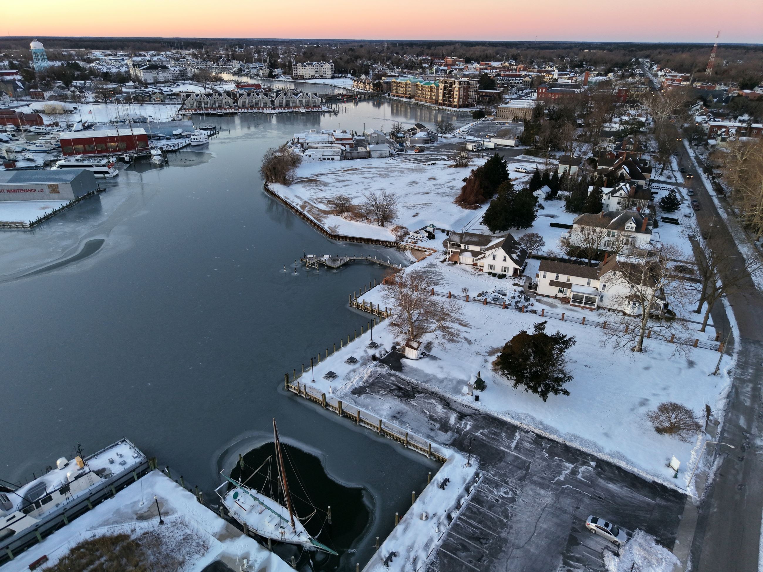 drone picture over Cambridge, Maryland waterway