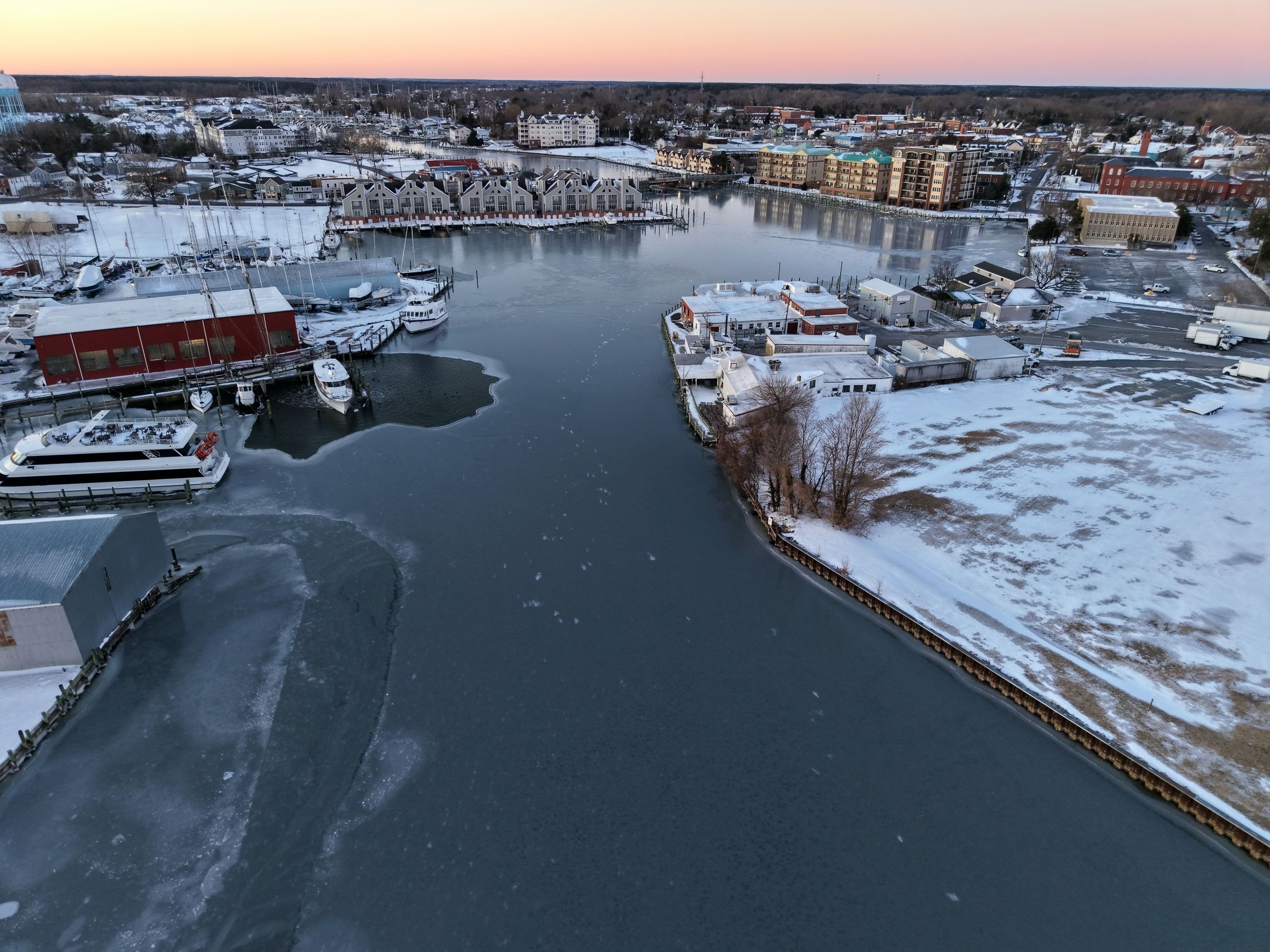 drone picture over Cambridge, Maryland waterway