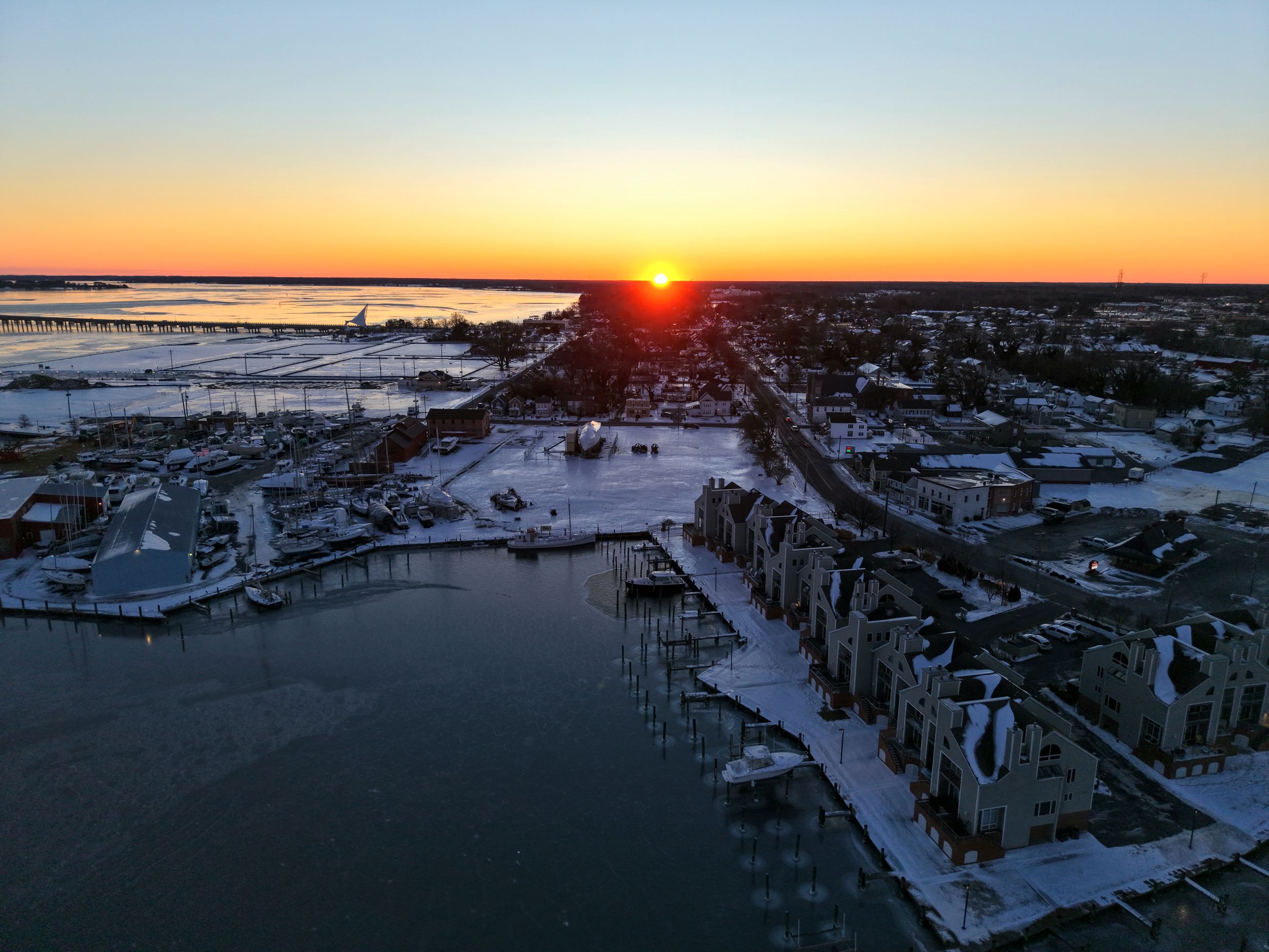 drone picture over Cambridge, Maryland waterway