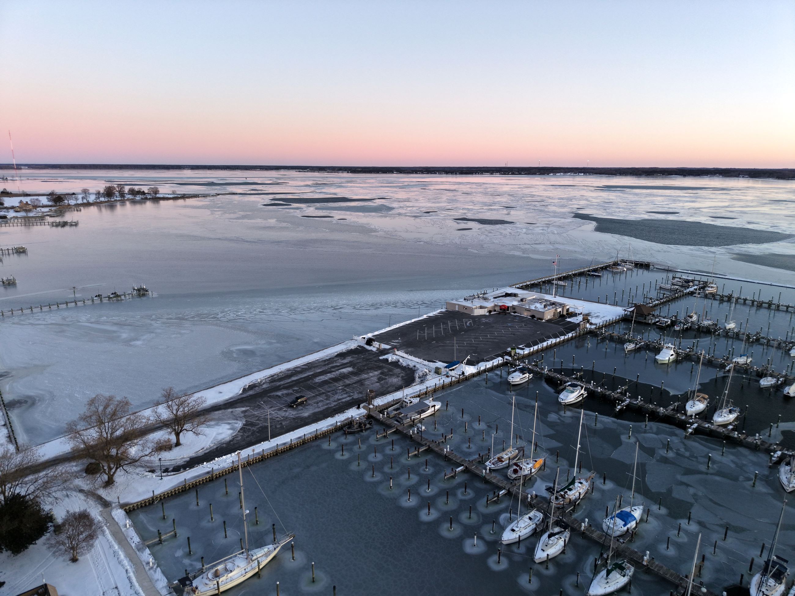 drone picture over Cambridge, Maryland waterway